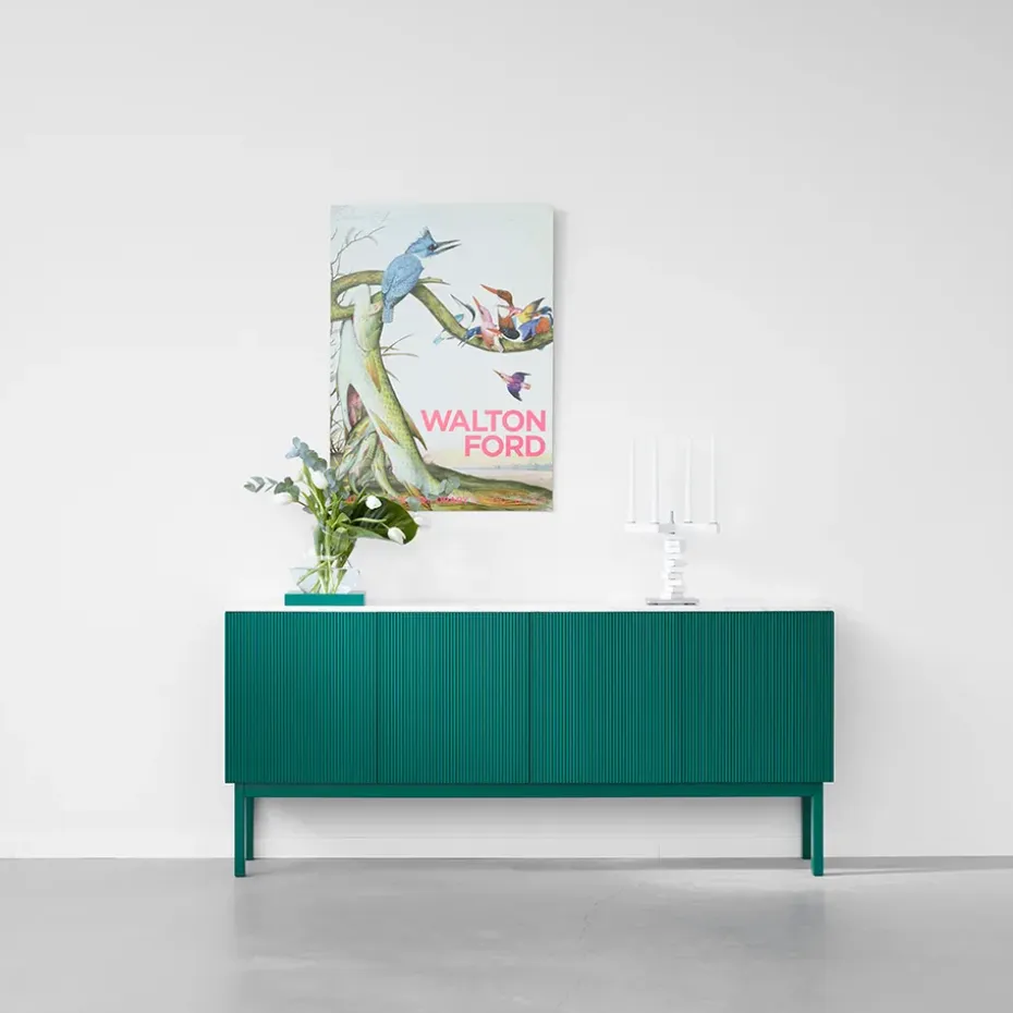 Aparador Beam, Lacado blanco, base blanca, panel superior en mármol carrara