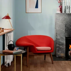 Butaca Fried Egg, Tela tela 614 pale rose, patas de teca aceitadas