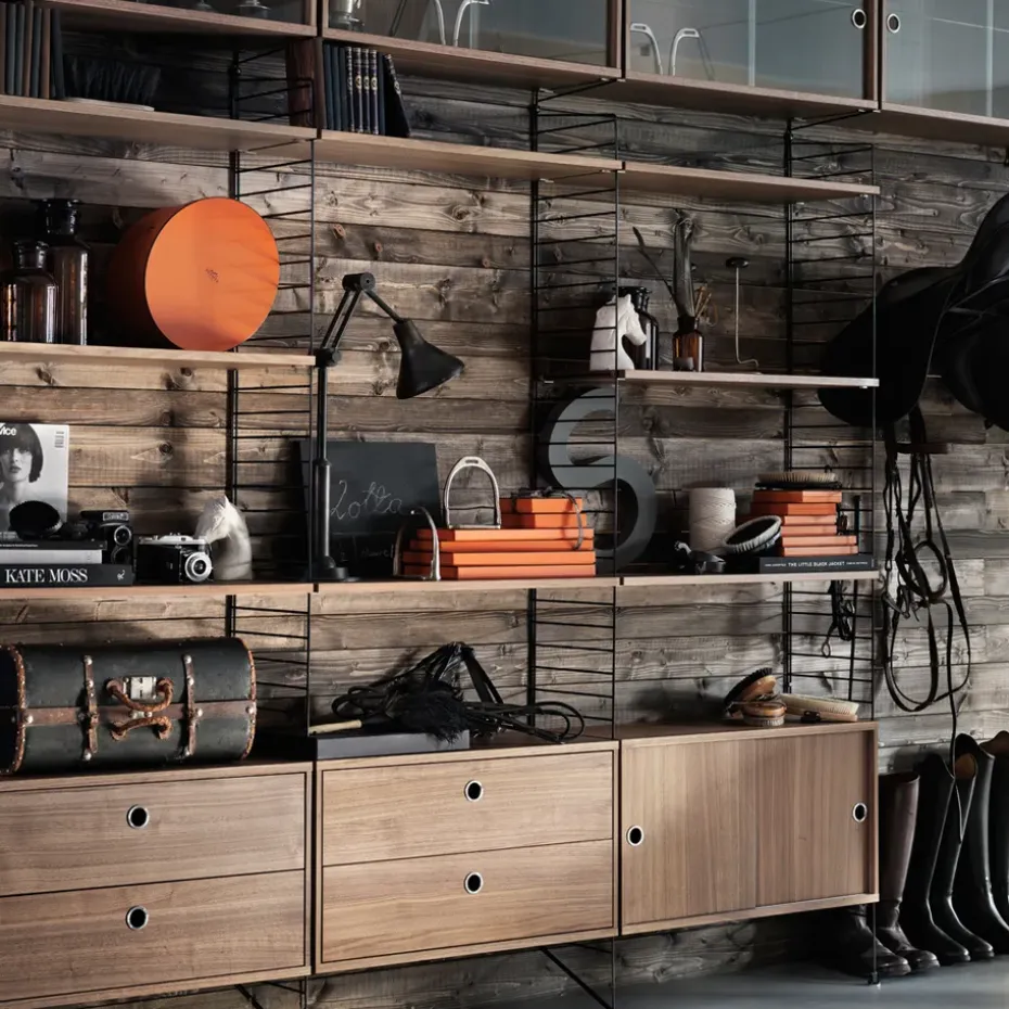 Cabinet con puertas correderas String, Fresno teñido de negro, 78x20 cm