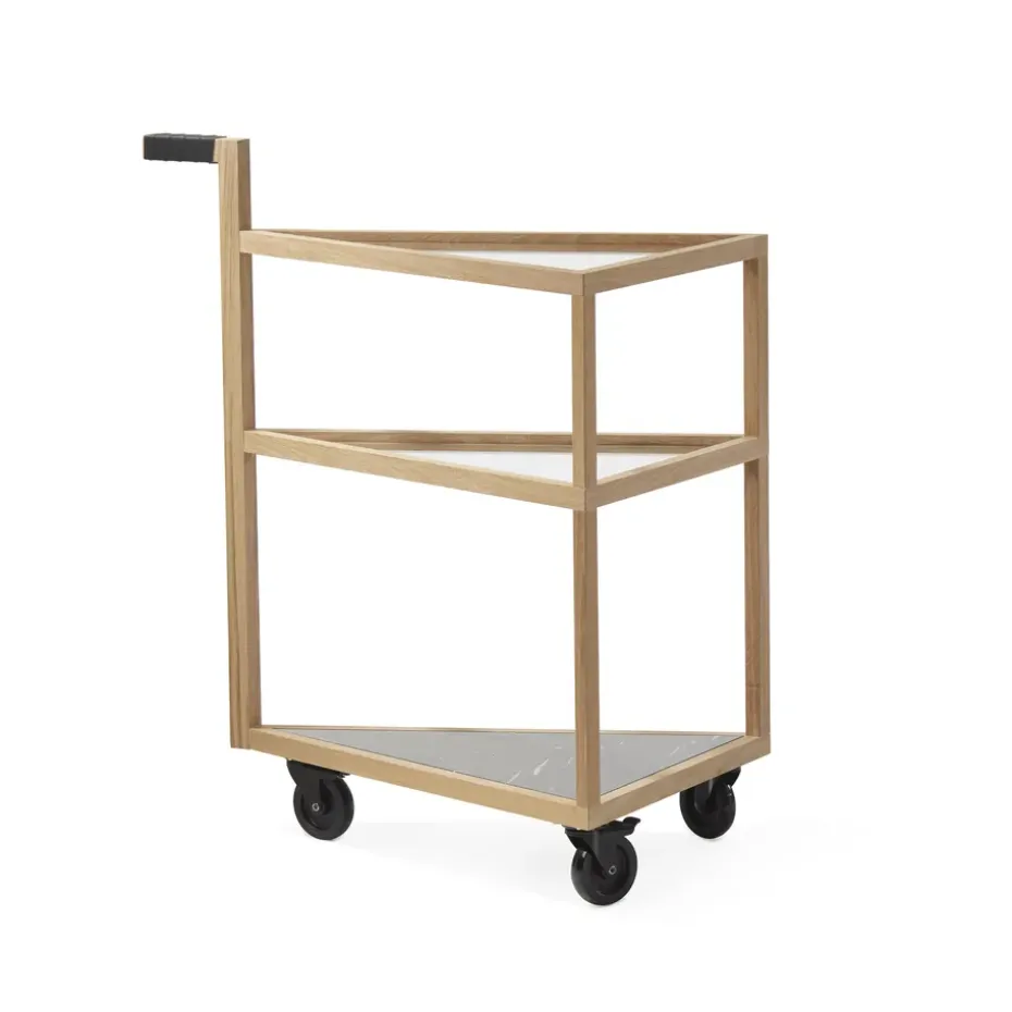 Carro con ruedas Move, Roble aceitado blanco, big, mármol marquina, vidrio