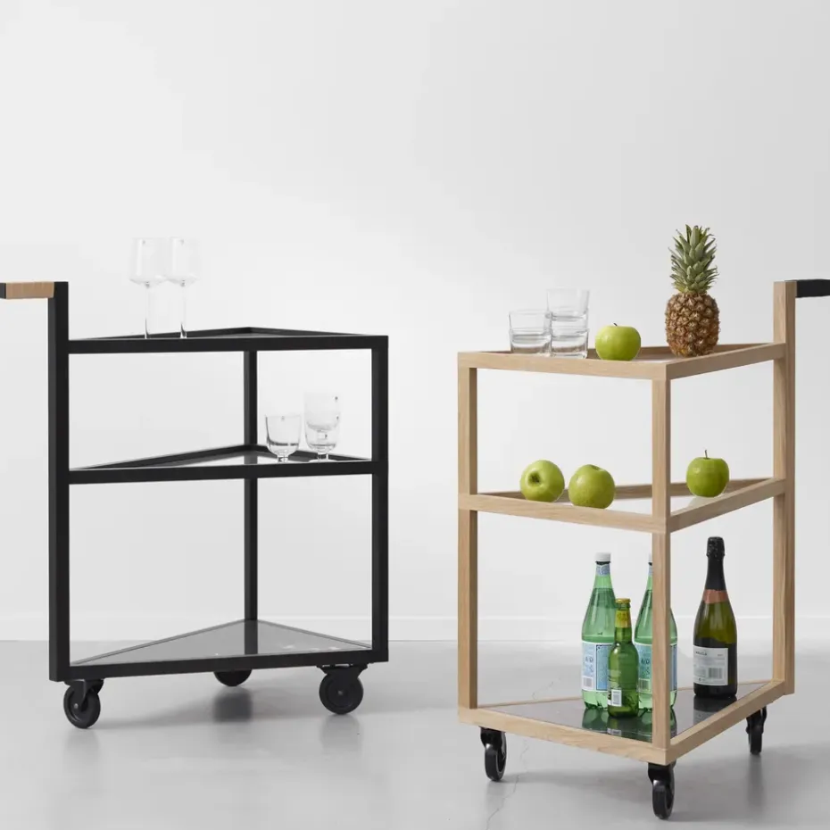 Carro con ruedas Move, Roble aceitado blanco, big, mármol marquina, vidrio