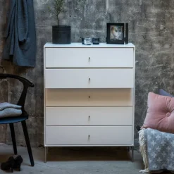 Cómoda Volt 5 cajones blanca, Detalles en acero inoxidable