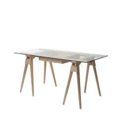 Escritorio Arco, Roble lacado transparente, incl. cajón, tablero de vidrio