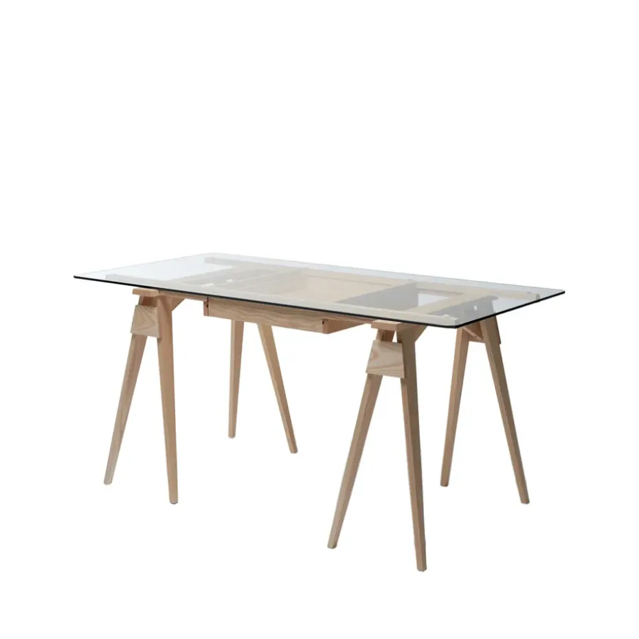 Escritorio Arco, Roble lacado transparente, incl. cajón, tablero de vidrio