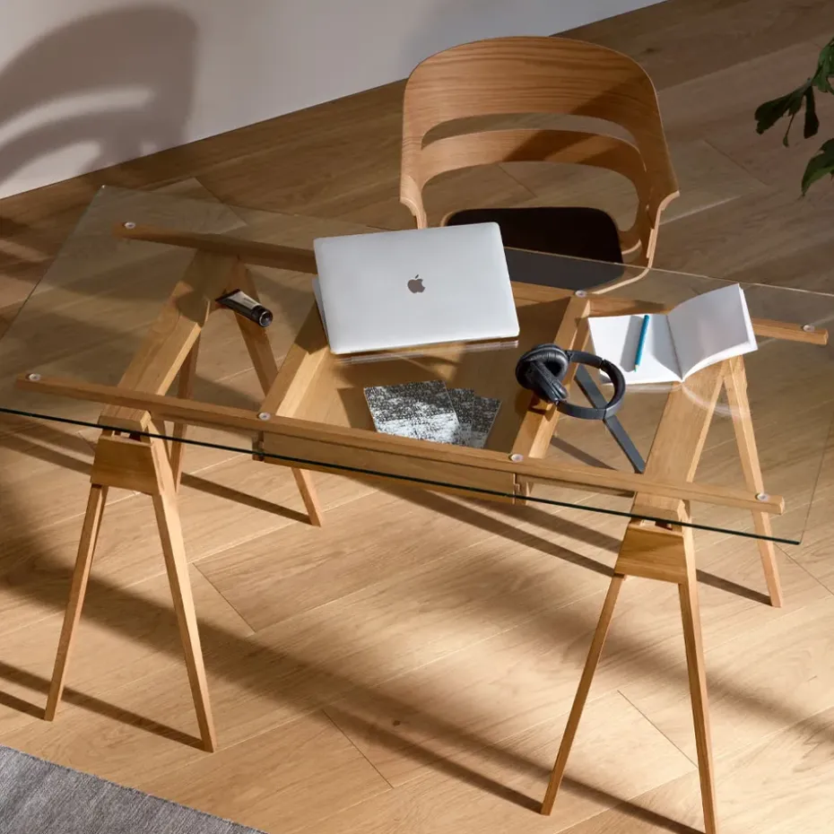 Escritorio Arco, Roble lacado transparente, incl. cajón, tablero de vidrio