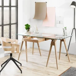 Escritorio Arco, Roble lacado transparente, incl. cajón, tablero de vidrio