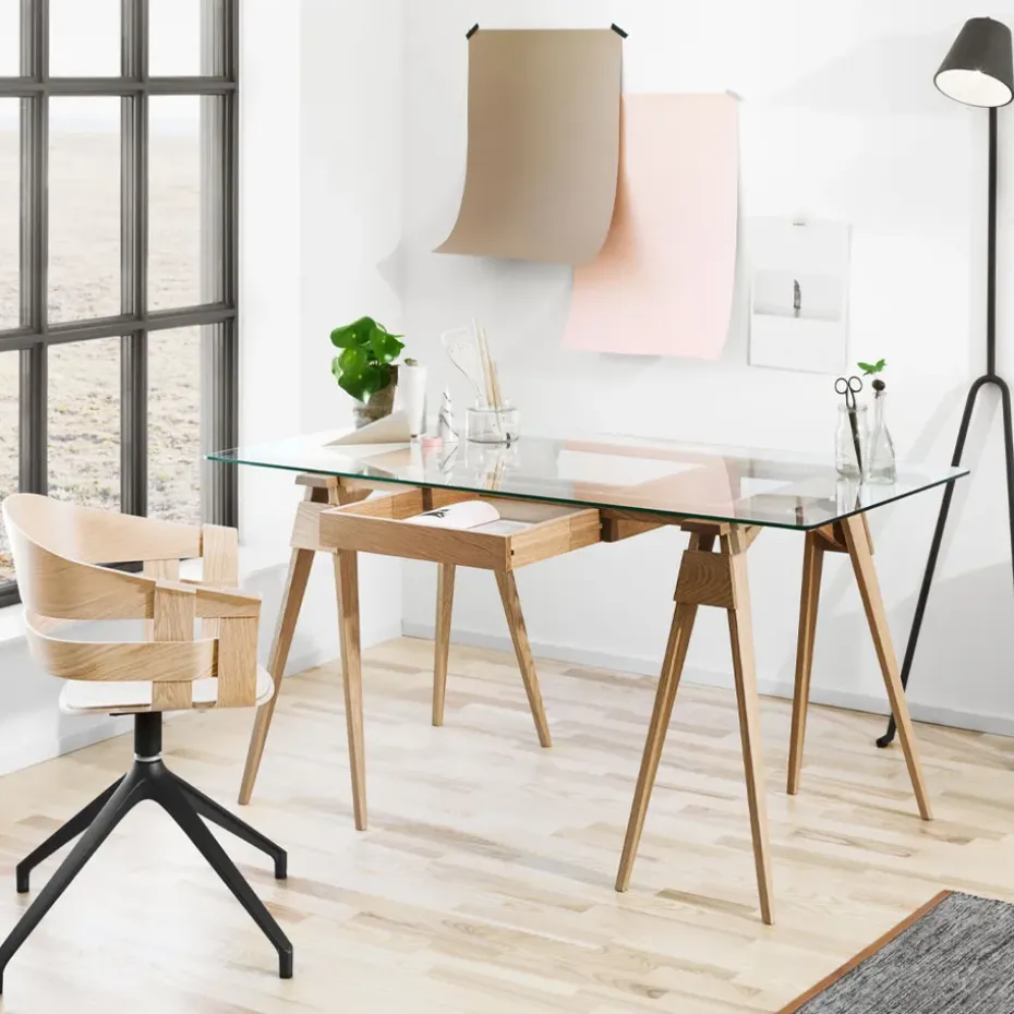 Escritorio Arco, Roble lacado transparente, incl. cajón, tablero de vidrio