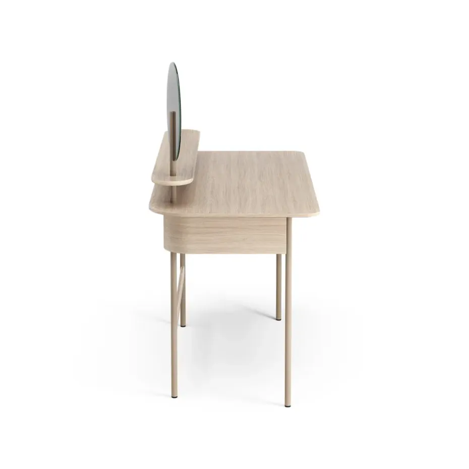 Escritorio Luna con cajón, estante y espejo, Roble pigmentado blanco