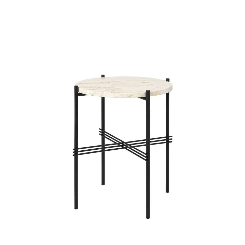 Mesa auxiliar TS Round, Natural white travertine, ø40, base negra