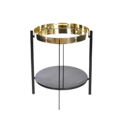 Mesa bandeja Deck, latón, estructura negra, estante de mármol negro