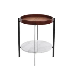 Mesa bandeja Deck, teca, estructura negra, estante de mármol blanco