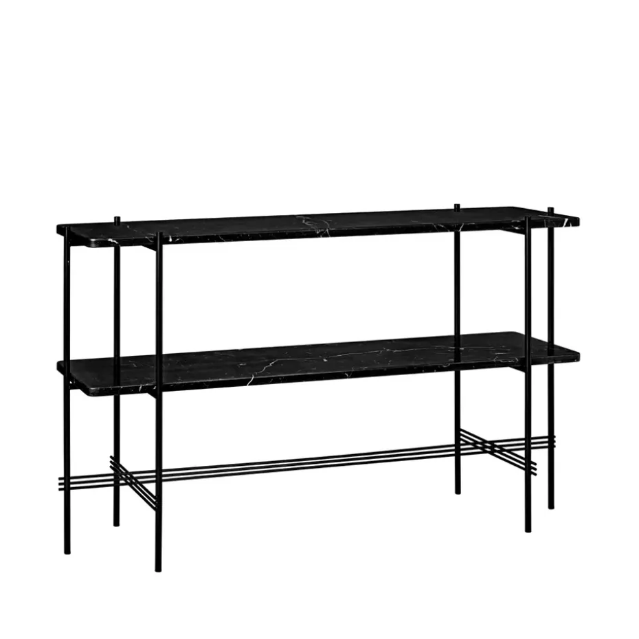 Mesa consola TS 120x30x72 cm, Black marquina marble, base negra, 2 estantes de mármol