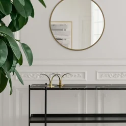 Mesa consola TS 120x30x72 cm, Black marquina marble, base negra, 2 estantes de mármol