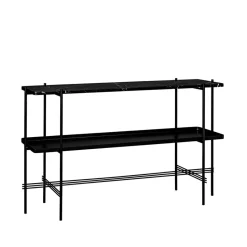 Mesa consola TS 120x30x72 cm, Black marquina marble, base negra, con bandeja