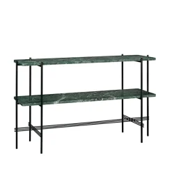 Mesa consola TS 120x30x72 cm, Green guatemala marble, base negra, 2 estantes de mármol
