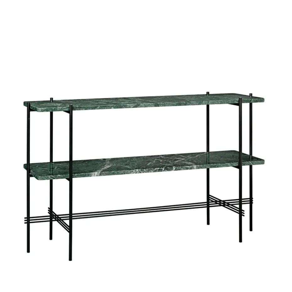 Mesa consola TS 120x30x72 cm, Green guatemala marble, base negra, 2 estantes de mármol