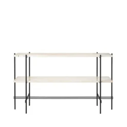 Mesa consola TS 120x30x72 cm, Natural white travertine, base negra, 2 estantes de mármol