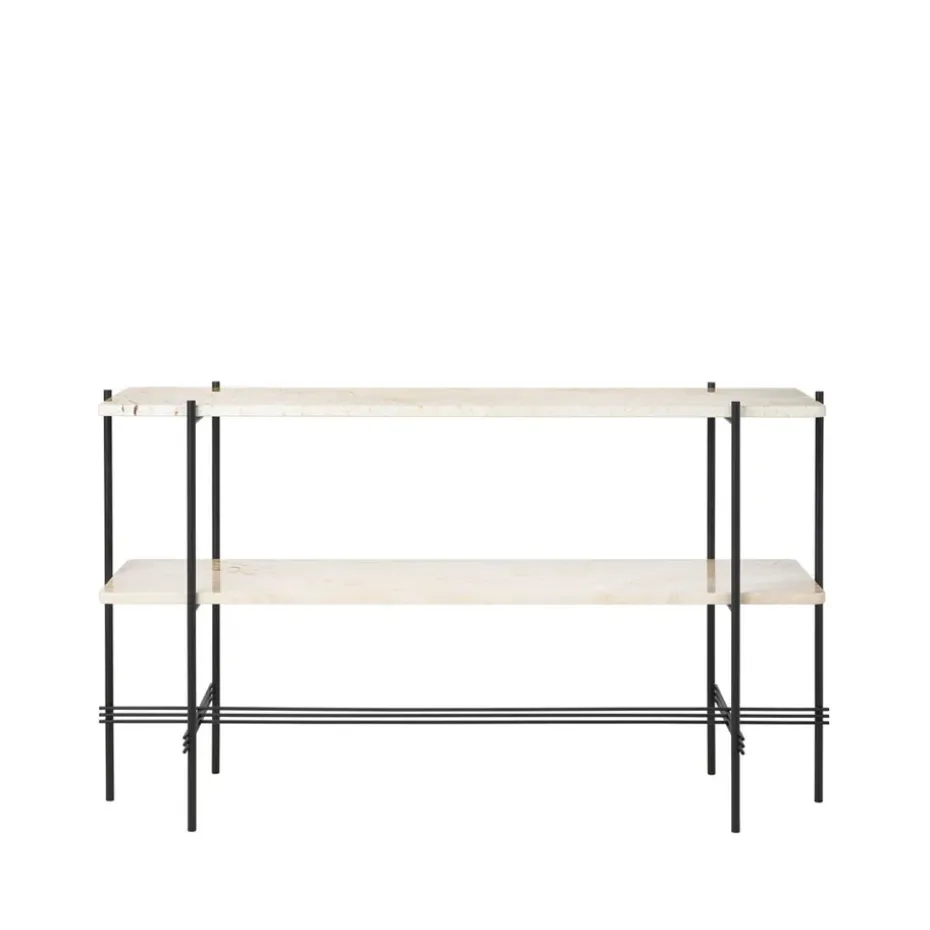 Mesa consola TS 120x30x72 cm, Natural white travertine, base negra, 2 estantes de mármol