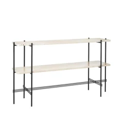 Mesa consola TS 120x30x72 cm, Natural white travertine, base negra, 2 estantes de mármol