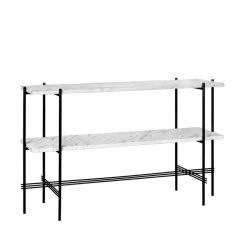 Mesa consola TS 120x30x72 cm, White carrara marble, base negra, 2 estantes de mármol