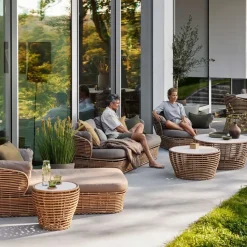 Mesa de centro Basket, Travertine, grande, base de mimbre natural