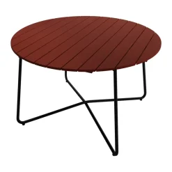 Mesa de comedor 9A, Roble teñido en Dark red-lacado, estructura de acero negro, Ø120 cm