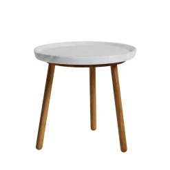 Mesa Tureen, Mármol blanco, ø52cm, patas de roble aceitadas en natural