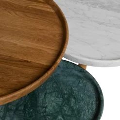 Mesa Tureen, Mármol blanco, ø52cm, patas de roble aceitadas en natural