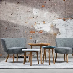 Mesa Tureen, Mármol blanco, ø52cm, patas de roble aceitadas en natural