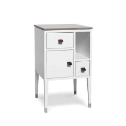 Mesita de noche Abisko con patas altas, Blanco, encimera de hormigón, asa de piel de alce marrón