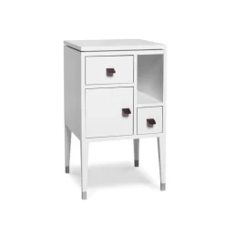 Mesita de noche Abisko con patas altas, Blanco, asa de piel de alce marrón cm