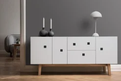 Mueble TV Peep M2, Blanco, retro, base de roble