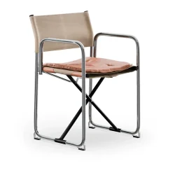 Silla con brazos X75-2, Tejido de lino natural-Elmo Nordic leather Cognac-patas cromadas