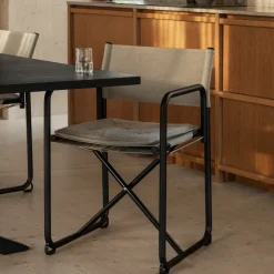 Silla con brazos X75-2, Tejido de lino natural-Elmo Nordic leather Cognac-patas cromadas