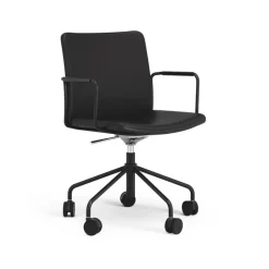 Silla de oficina elevable/bajable sin basculación Stella, Cuero elmosoft 99999 negro, base negra, respaldo flexible