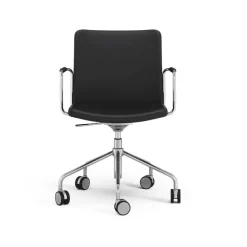 Silla de oficina elevable/bajable sin basculación Stella, Cuero elmosoft 99999 negro, base de cromo, reposabrazos forrado en cuero, respaldo flexible