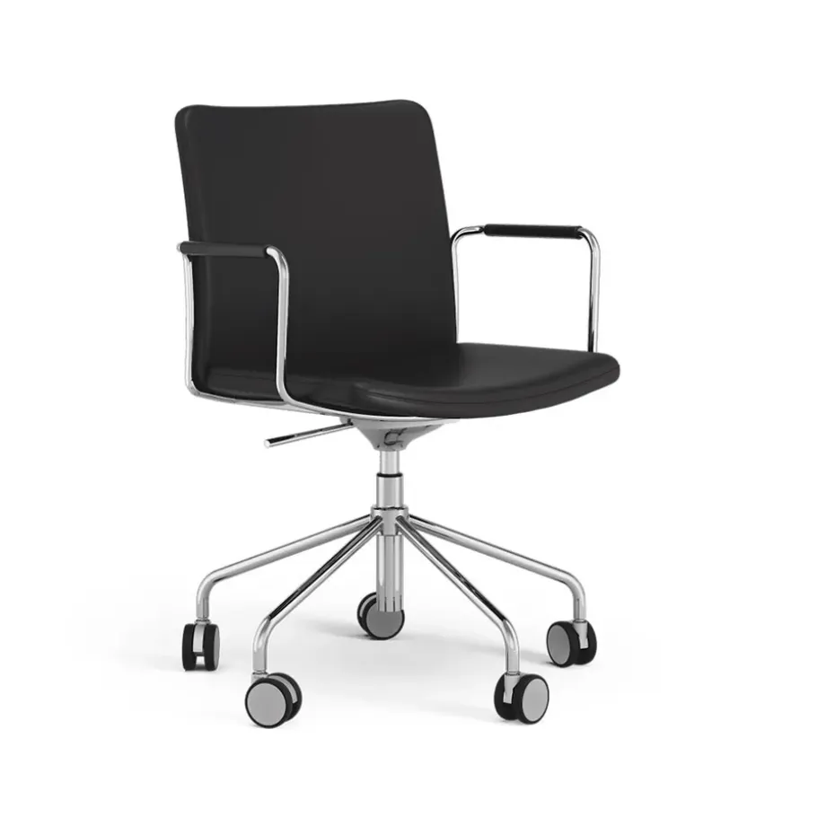 Silla de oficina elevable/bajable sin basculación Stella, Cuero elmosoft 99999 negro, base de cromo, respaldo flexible