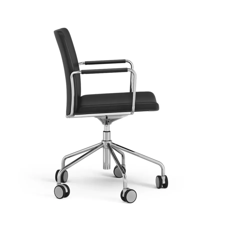Silla de oficina elevable/bajable sin basculación Stella, Cuero elmosoft 99999 negro, base de cromo, respaldo flexible