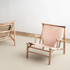 Silla lounge Samurai con asiento de cuero y base de roble, Natur