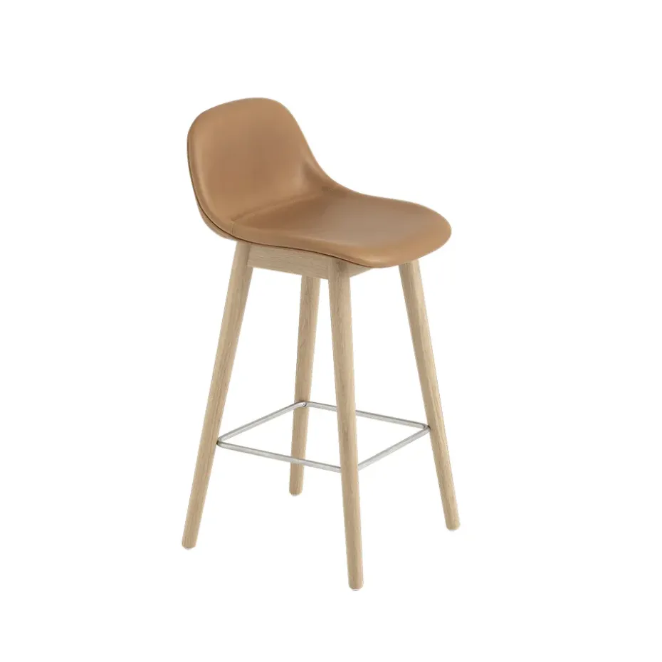 Taburete bar con respaldo Fiber 65 cm, Cuero refine cognac-patas de roble