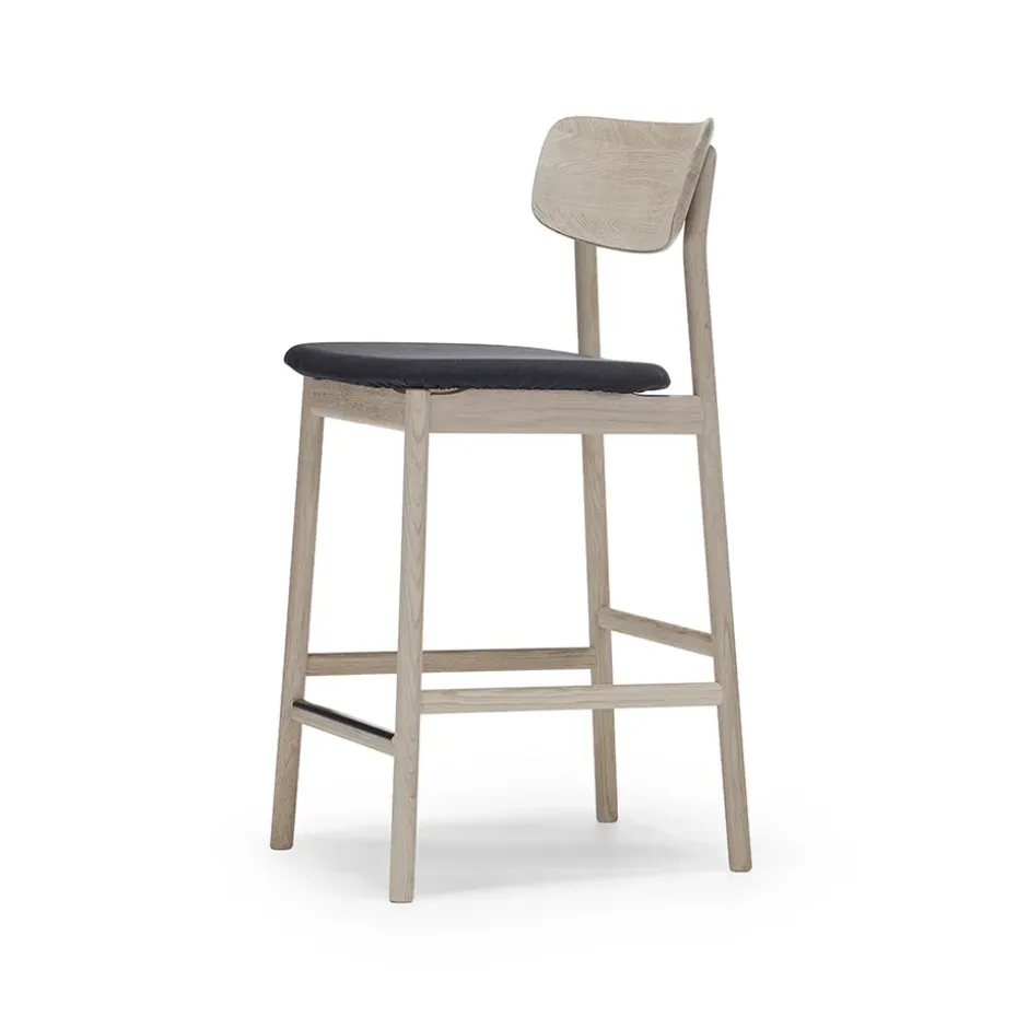 Taburete bar Prima Vista, Tela blues 9833 negro, estructura de roble aceitado blanco