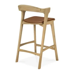 Taburete de bar Bok, Roble lacado-cuero Cognac, 65 cm