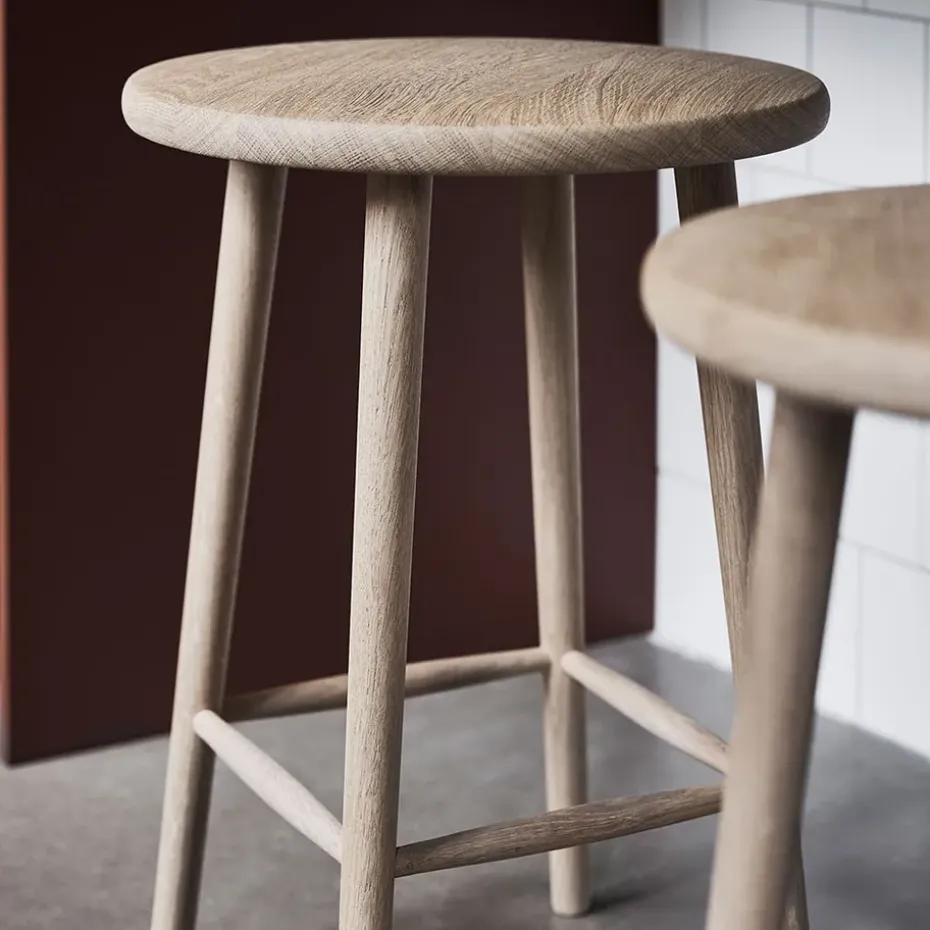 Taburete de bar Miss Button, Roble aceite blanco, alto
