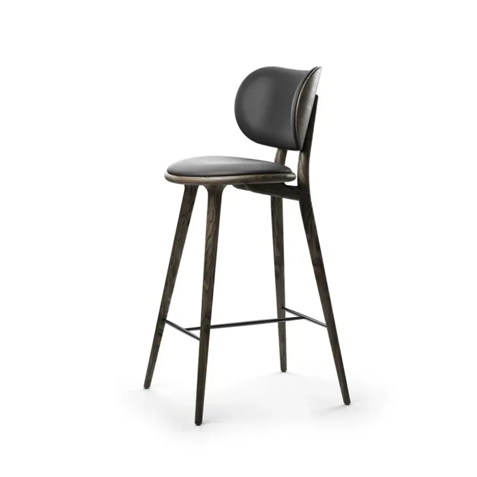 Taburete Mater High Stool Backrest bajo, piel negra, base de roble sirka grey